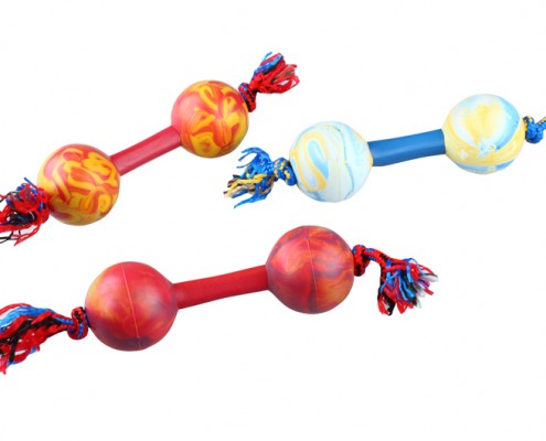Dumbbell with rope - 6cm ball diameter - scented rubber pet toy - dog - Essenti Enterprises, LLC - importer, exporter, supplier, distributor of pet products