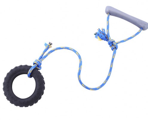 Tire with rope - small - scented solid rubber pet toy - dog (1) - Essenti Enterprises, LLC - importer, exporter, supplier, distributor of pet products